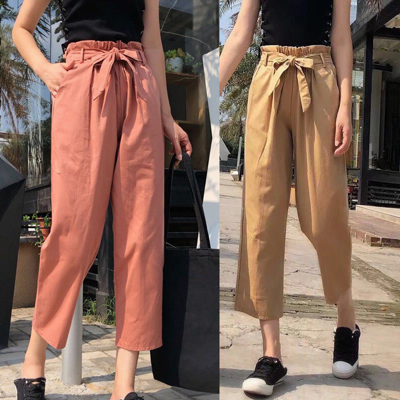 Quần nữ lưng thun ống rộng đính nơ