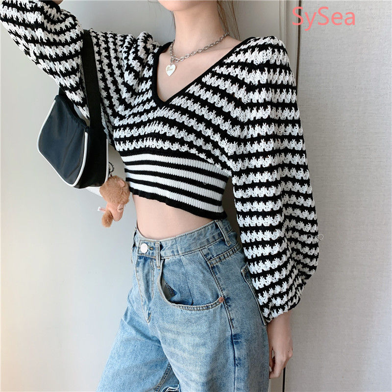 Áo Sweater Dệt Kim Tay Dài Cổ Chữ V Phong Cách Retro Cho Nữ