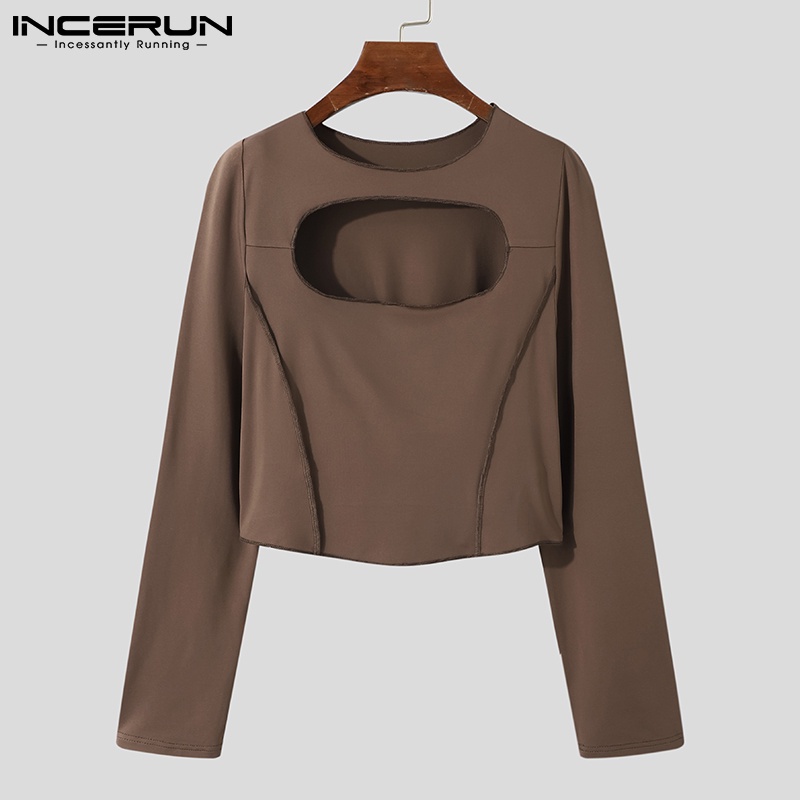 Áo thun INCERUN dáng ngắn co giãn khoét lỗ tay dài màu trơn đi chơi dành cho nam