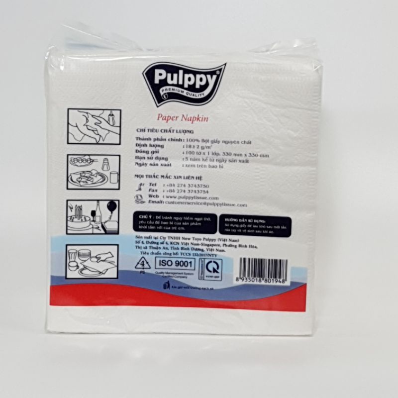 Khăn Giấy Vuông Pulppy Paper Napkin Khăn Ăn 100 Tờ (Xanh)