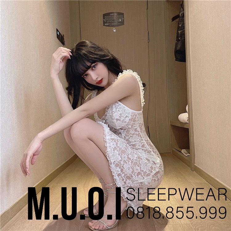 SX 049 - Váy ngủ ren trắng hoa nổi cao cấp QUẢNG CHÂU Muối sleepwear - Hàng có sẵn( video+ ảnh thật)