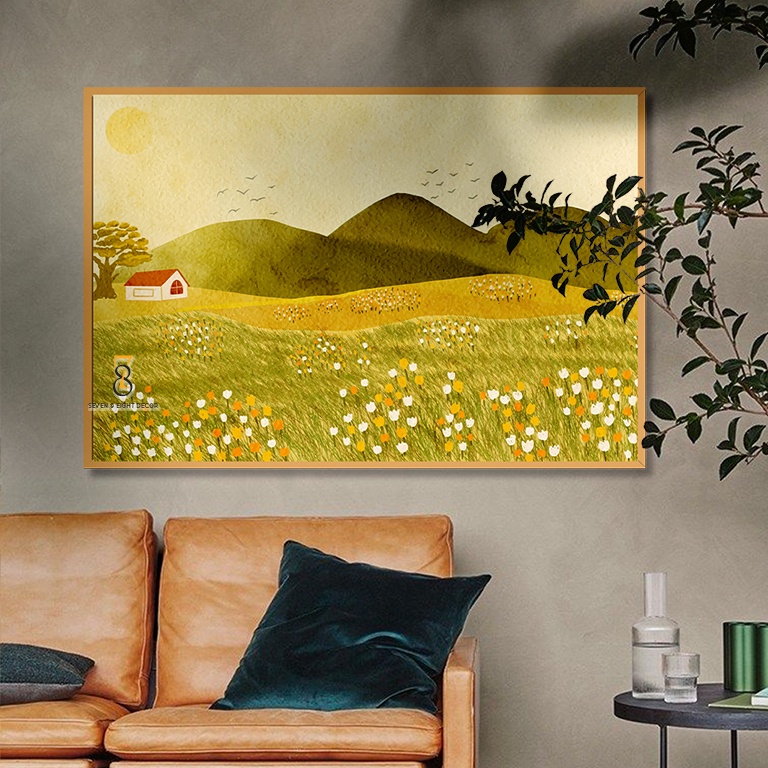 Tranh Canvas | Ngôi Nhà Trên Đồi Hoa 1FHWAT001 | Tranh Căng Khung Cao Cấp | Tặng Kèm Đinh Đa Năng