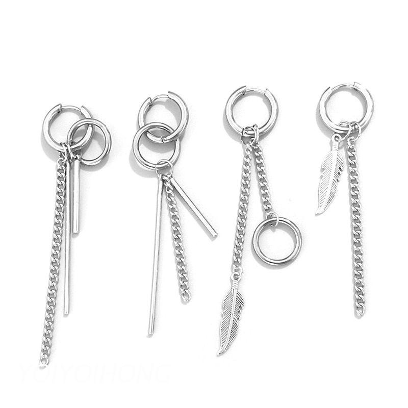 Bộ 4 Khuyên Tai Dạng Dây Xích Dài Bằng Thép Không Gỉ Màu Bạc Đơn Giản Thời Trang Cho Nam Và Nữ