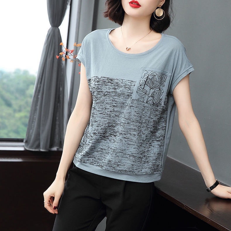 Áo thun tay ngắn dáng rộng in họa tiết thời trang mùa hè cho phụ nữ trung niên