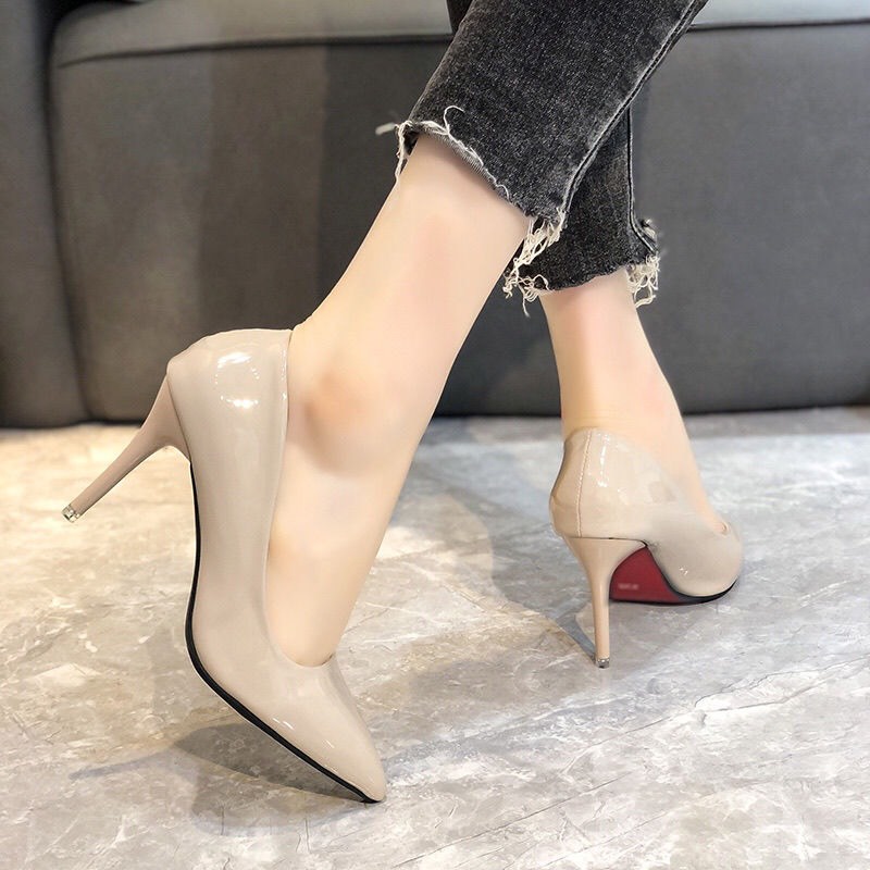 Giày Cao Gót Mũi nhọn ,Giầy Da Bóng Gót Nhọn Màu Basic Dễ Phối Đồ Cao, Thời Trang Công Sở Thanh Lịch