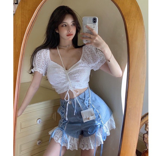 Set áo croptop trắng tay phồng ngực dún + quần short xanh thắt nơ ruy băng xinh xắn phong cách ulzzang SAM SAM BOUTIQUE