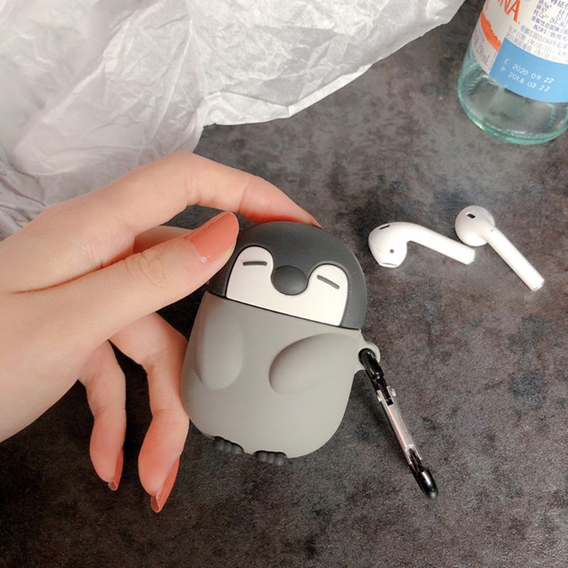 Vỏ Bảo Vệ Hộp Sạc Tai Nghe Airpods 1/2 Bằng Silicon Hình Chim Cánh Cụt Dễ Thương Kèm Móc Treo Tiện Dụng