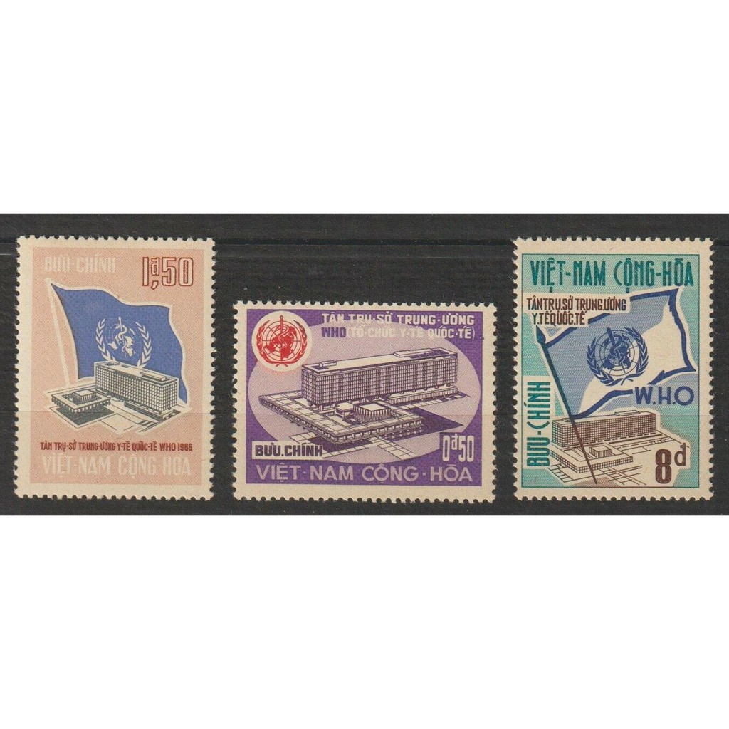 Tem sưu tập Tem Việt Nam Cộng Hòa Tân trụ sở tổ chức y tế quốc tế 1966 ( 3 tem )