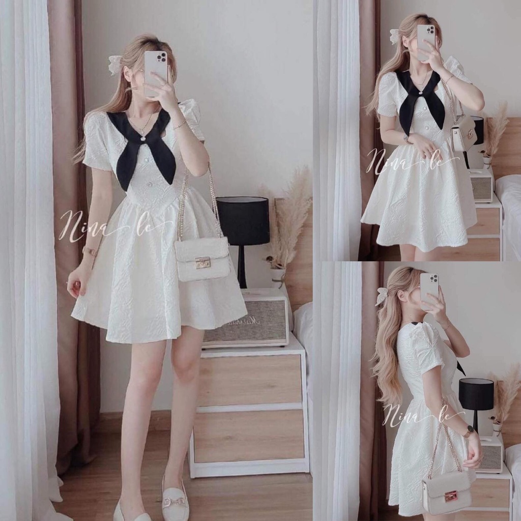 Đầm Váy Nữ Dáng Xoè Chất Xốp Nhật Phối Nơ Cổ Màu Đen Đính Nút Ngực Thiết Kế Sang Chảnh Đi Làm Công Sở, Đi Chơi Du Lịch