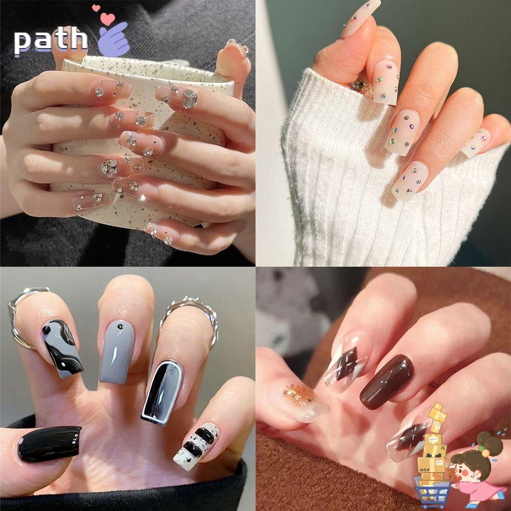 PATH 24pcs/Box Press On Nails Short Round/Square Head False Nails Detachable Fake Nails Wearable Artificial Manicure Tool Glitter Sequins Full Cover Nail Tips