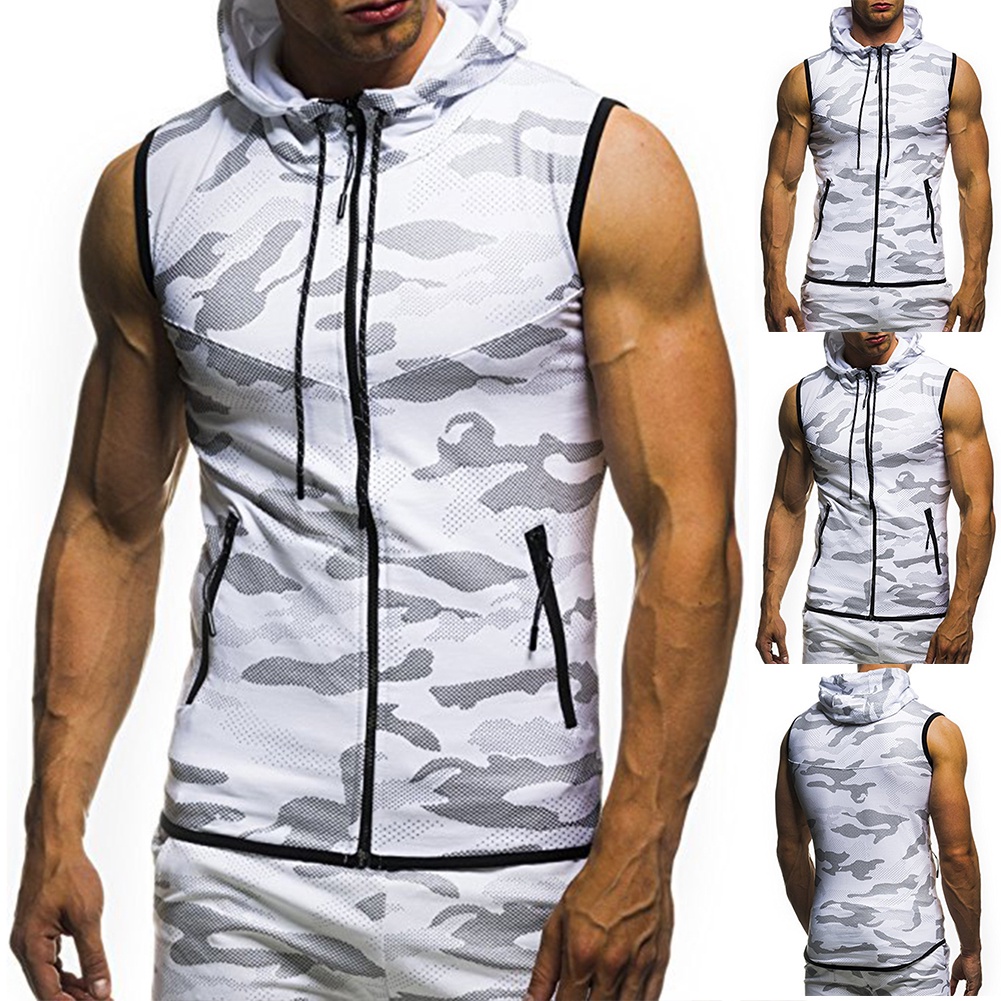 Áo hoodie không tay họa tiết rằn ri cho nam