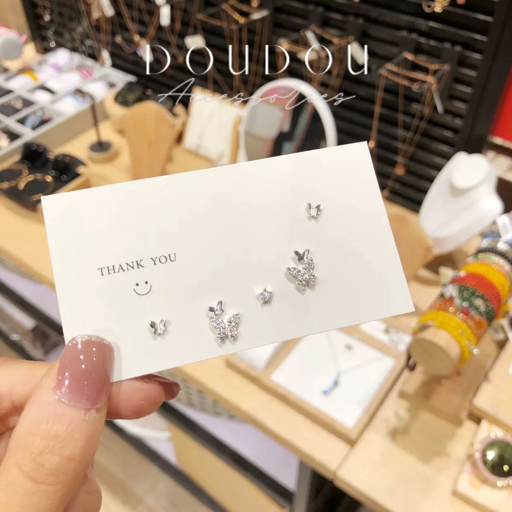 Bông tai nữ Doudou Phụ kiện Set khuyên hoa tai nữ hình bướm 5 chiếc phong cách Hàn Quốc thời trang chuôi bạc 925 EH023
