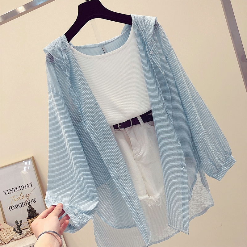 Áo khoác cardigan mũ trùm phối sọc ngang thời trang cho nữ | BigBuy360 - bigbuy360.vn