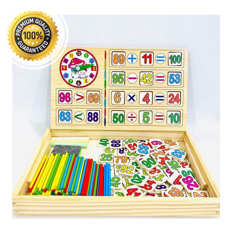 Hộp que tính kèm 100 số gỗ học toán kèm bảng viết cho bé - đồ chơi Montessori