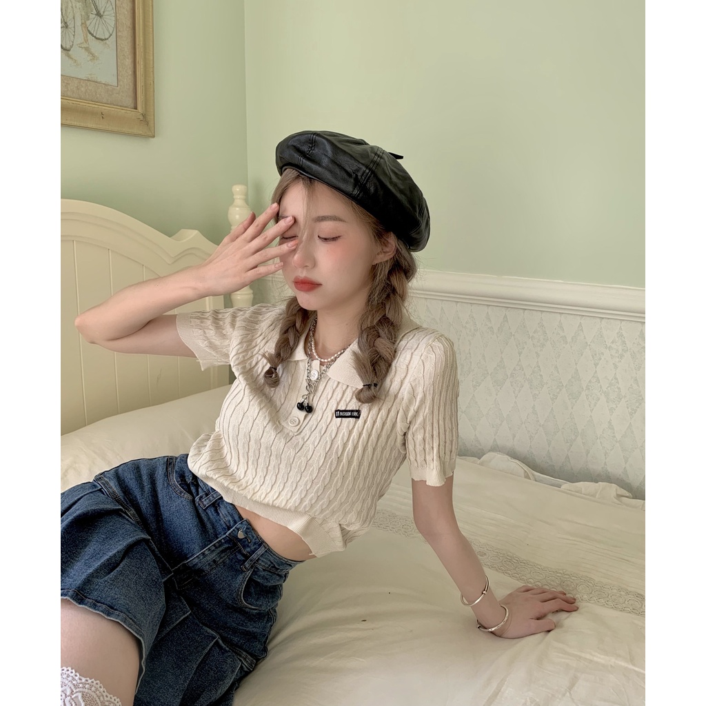 Cocory vn Áo croptop dệt kim ngắn tay dáng ôm thời trang Hàn Quốc quyến rũ cho nữ
