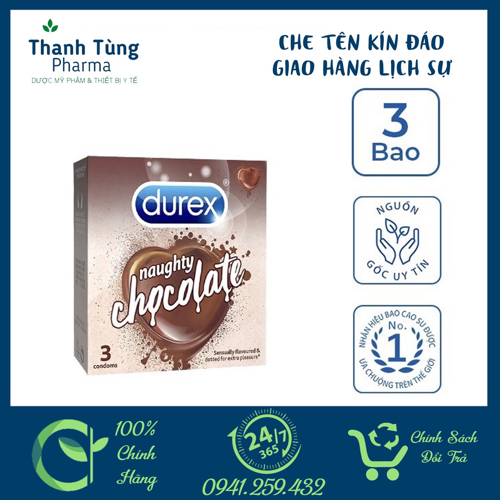 Bao cao su Durex Naughty Chocolate ✅ [CHE TÊN KÍN ĐÁO]✅⚜️CHÍNH HÃNG⚜️siêu mỏng trơn láng thơm Chocolate(3 bao/hộp)