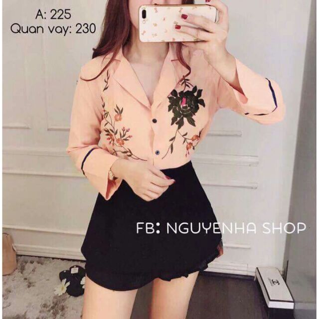 (KÈM ẢNH THẬT )Sét bộ áo cổ vest in hoa văn + chân váy xinh xắn