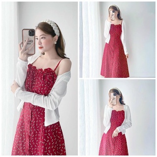 SET ĐẦM 2 DÂY HOA ĐỎ + KHOÁC TRẮNG