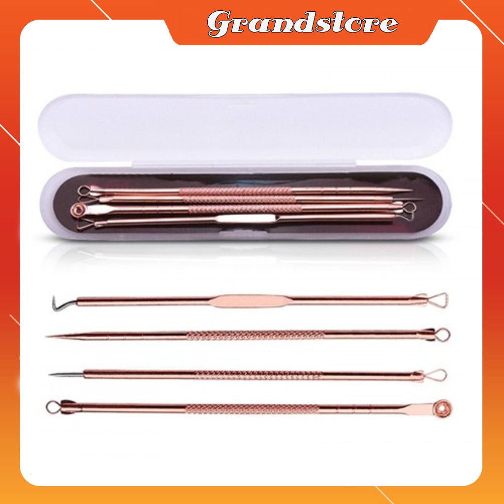 Bộ dụng cụ 4 món nặn mụn lấy nhân cồi mụn mũi đầu đen trứng cá nặng mụn cám bằng inox cao cấp chuyên dụng tại nhà và spa