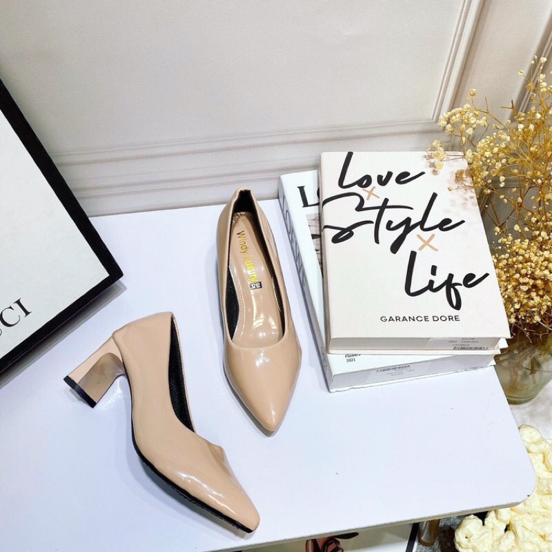 Bán sie giày cao gót công sở da bóng gót dẹt 5p chắc chắn