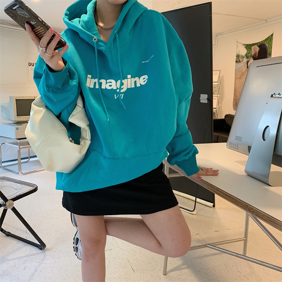 Áo hoodie IHKKE nhung dày dặn dáng rộng in chữ đơn giản thời trang dành cho nữ