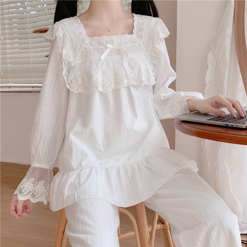 Set mặc nhà cổ vuông phối ren tiểu thư quảng châu