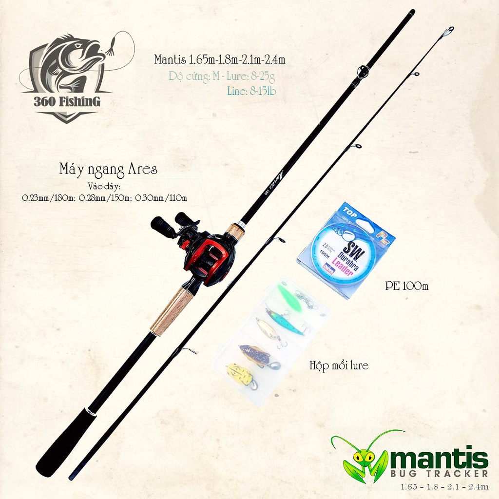 Bộ Cần Câu Lure Mantis Máy Ngang Ares Cần Câu Cá Carbon Kèm Dây PE Và Hộp Mồi Lure