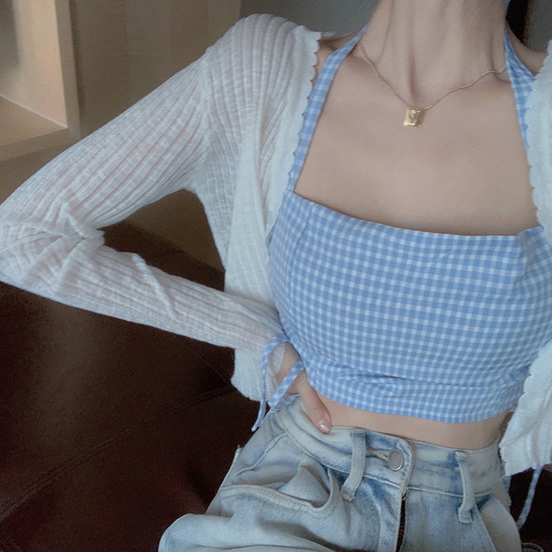 Áo Khoác Cardigan Mỏng Chống Nắng Kèm Đầm Hai Dây Thời Trang Mùa Hè Cho Nữ