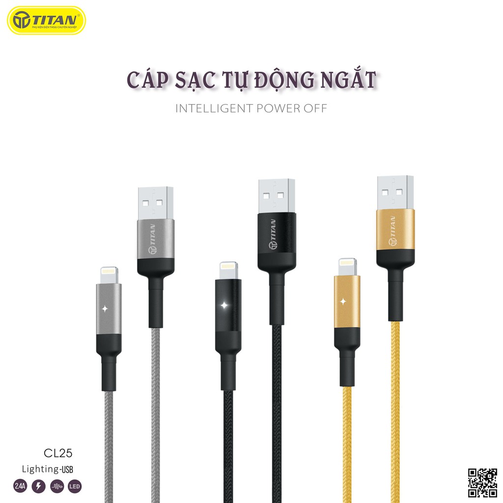 Cáp sạc dây dù tự ngắt 2m chân lightning TITAN CL25 bền chống đứt IP 6 7 8 X XS MAX 11 12 Pro XR 5 AirCáp sạc và cáp OTG