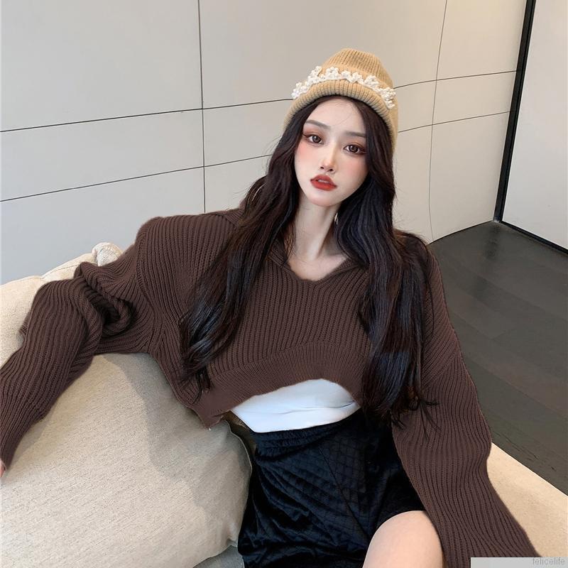 Áo Croptop Dệt Kim Tay Dài Cổ Chữ V Dáng Rộng Thời Trang Thu Đông Cho Nữ