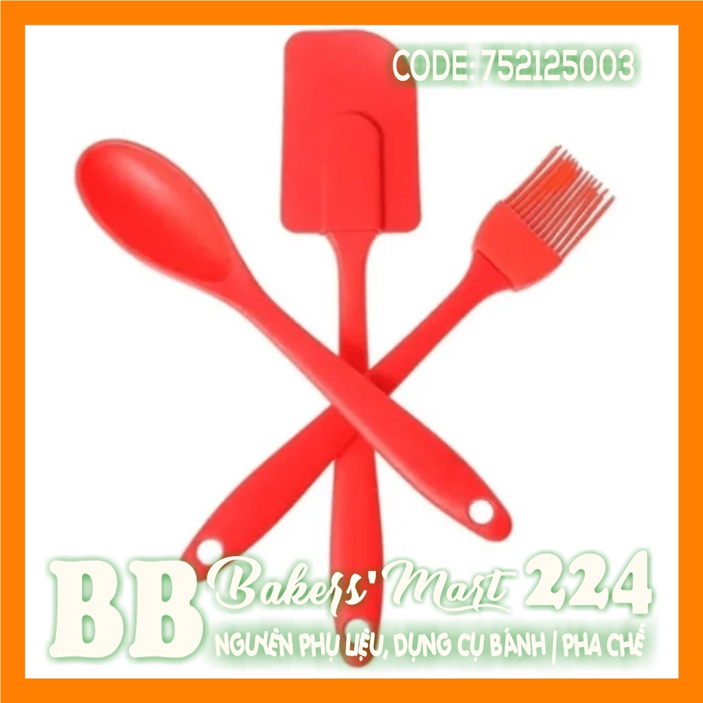 ĐỎ - Combo bộ 3 dụng cụ silicone nhỏ ĐỎ: 01 vét spatula nhỏ, 01 muỗng, 1 chổi quét | GIAO MÀU NGẪU NHIÊN