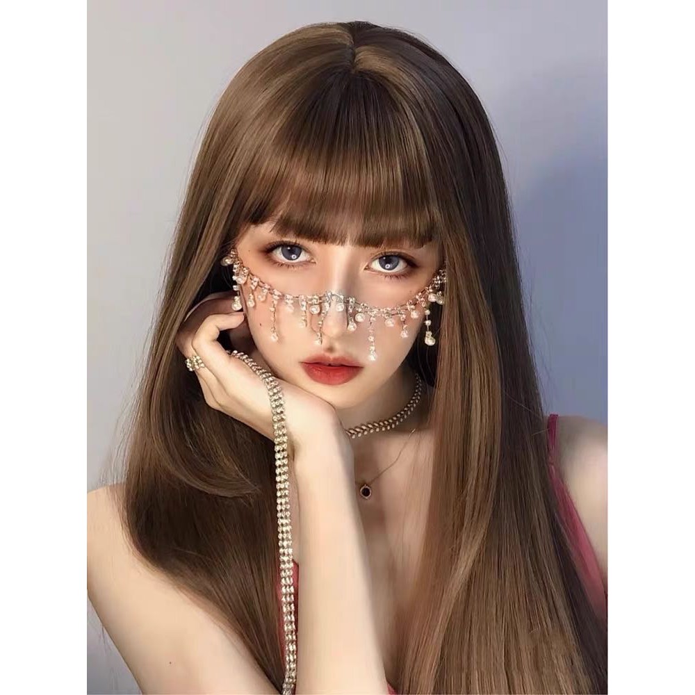 Tóc giả dài thẳng nhuộm màu xanh dương thời trang cho nữ kèm lưới trùm tóc giả