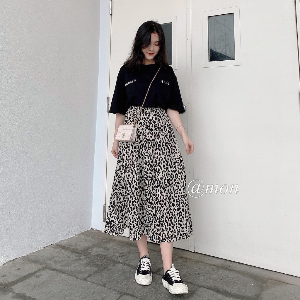2101397 Chân váy midi nữ dáng xòe ulzzang họa tiết da báo freesize màu be đen xinh xắn | BigBuy360 - bigbuy360.vn