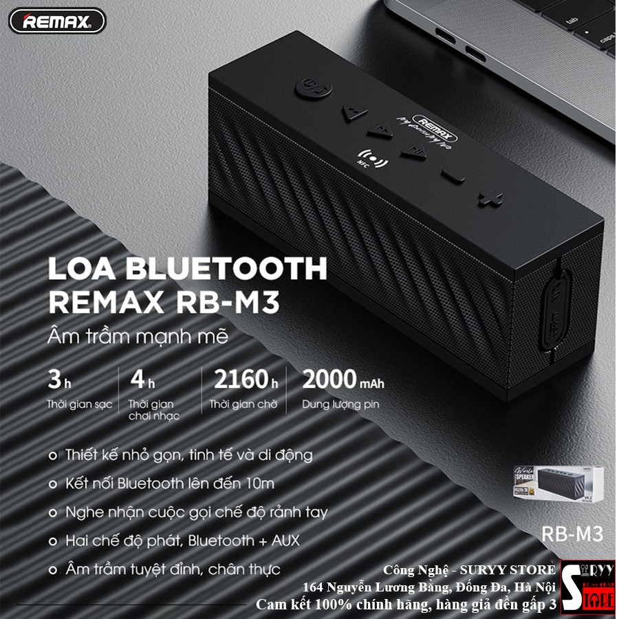 Loa Bluetooth Remax RBM3, Âm trầm tuyệt đỉnh, chân thực, Dung lượng pin cao 2000mah, Đa dạng kết nối - BH 12 tháng