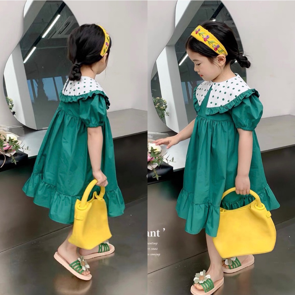 Váy Bé Gái-❤V0035❤Đầm cho bé chất liệu thô giấy lạnh cao cấp. váy công chúa màu xanh cổ chấm bi