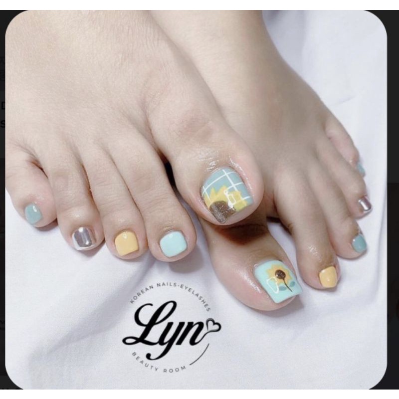 Nailbox/ Bộ 24 móng úp chân sẵn/ Móng chân giả màu xanh mint họa tiết hoa hướng dương giá rẻ