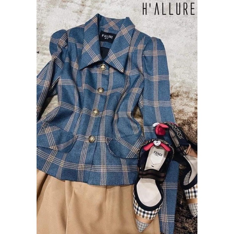 Vải Text kẻ Xanh Nâu may Váy Vest Blazer