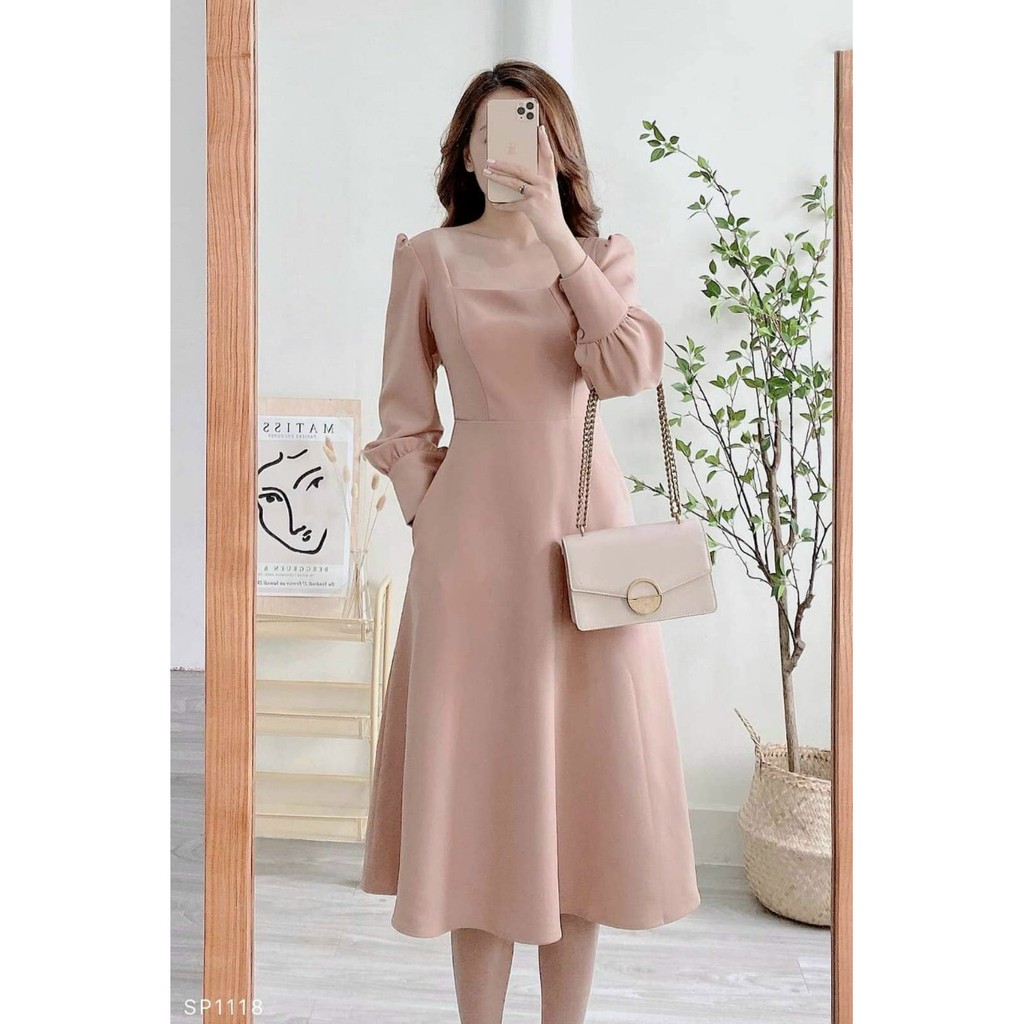 Đầm Cổ Vuông ⚡️FREESHIP⚡️ Dáng Xòe Tay Dài | BigBuy360 - bigbuy360.vn