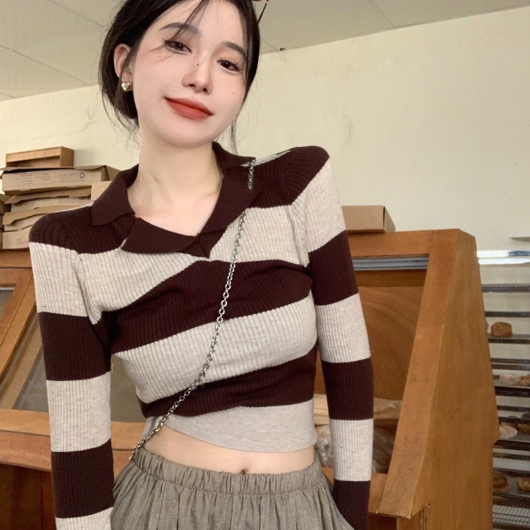 【ZHELIHANGFEI】Áo Dệt Kim Tay Dài Cổ Bẻ Họa Tiết Kẻ Sọc Thời Trang Cho Nữ