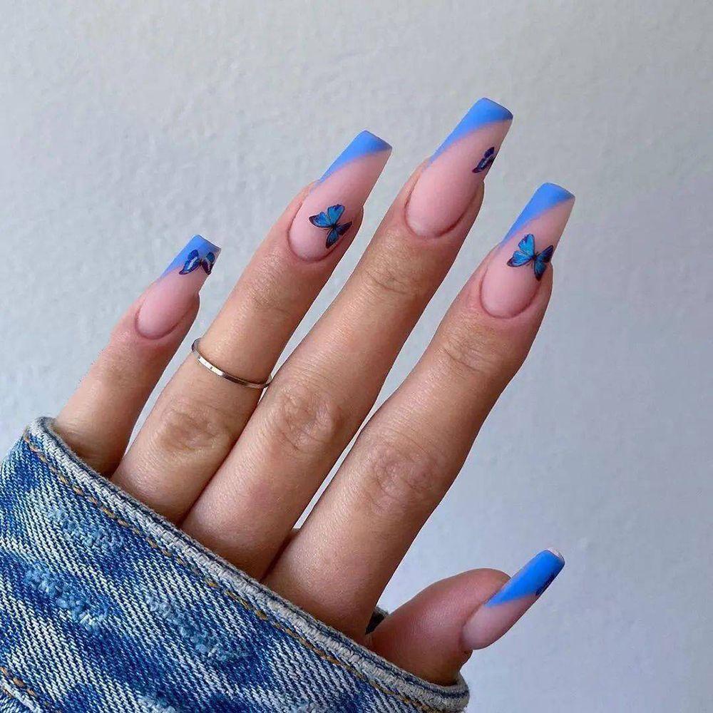 Bộ 24 Móng Tay Giả Che Phủ Toàn Diện Họa Tiết Bướm Xanh Dương