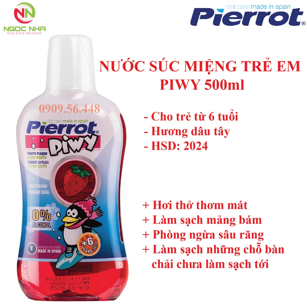 Nước súc miệng làm sạch mảng bám, ngăn ngừa sâu răng cho trẻ em, hương dâu tây Pierrot 500ML/ Tây Ban Nha