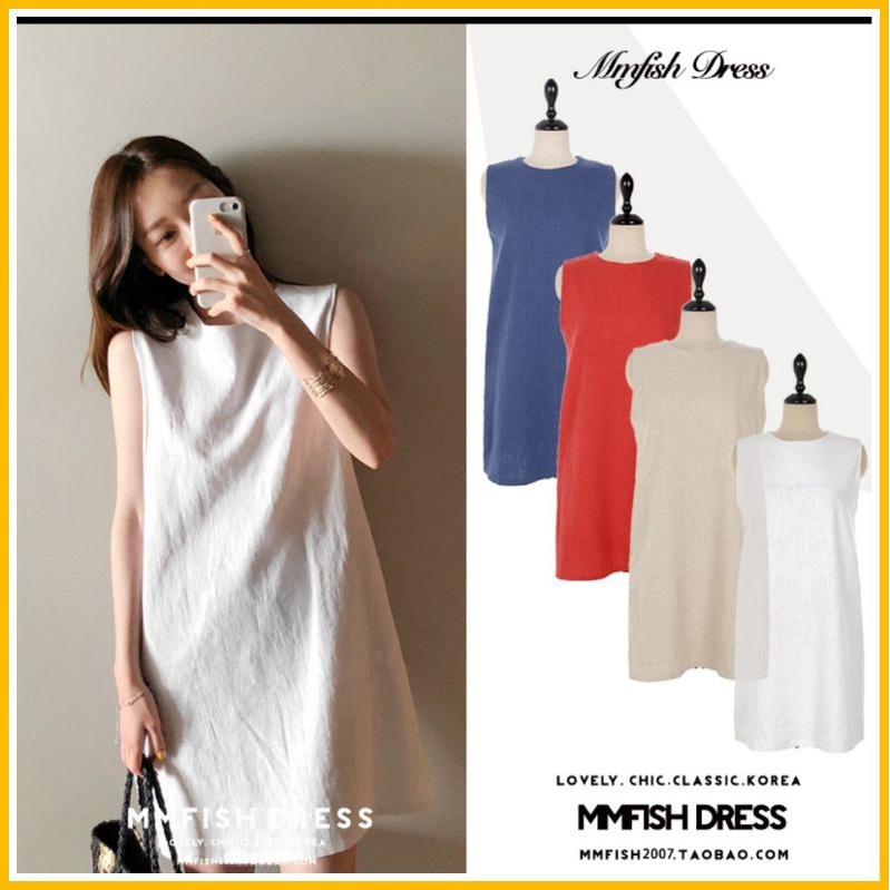 Váy linen  cổ tròn sát nách đủ size S đến XL 44-63kg