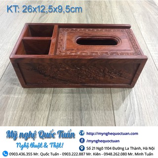 Hộp giấy ăn đa năng gỗ hương 3 ngăn chạm chim công