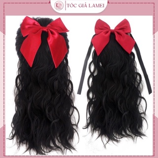 Tóc giả nữ buộc cột xù dài gắn nơ đỏ nữ tính siêu dễ thương