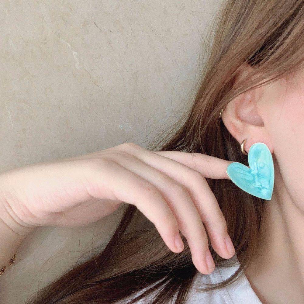 QQMALL Bông Tai Hình Trái Tim Lớn Màu Xanh Dương / Xanh Lá Dầu Vintage Ngọt Ngào