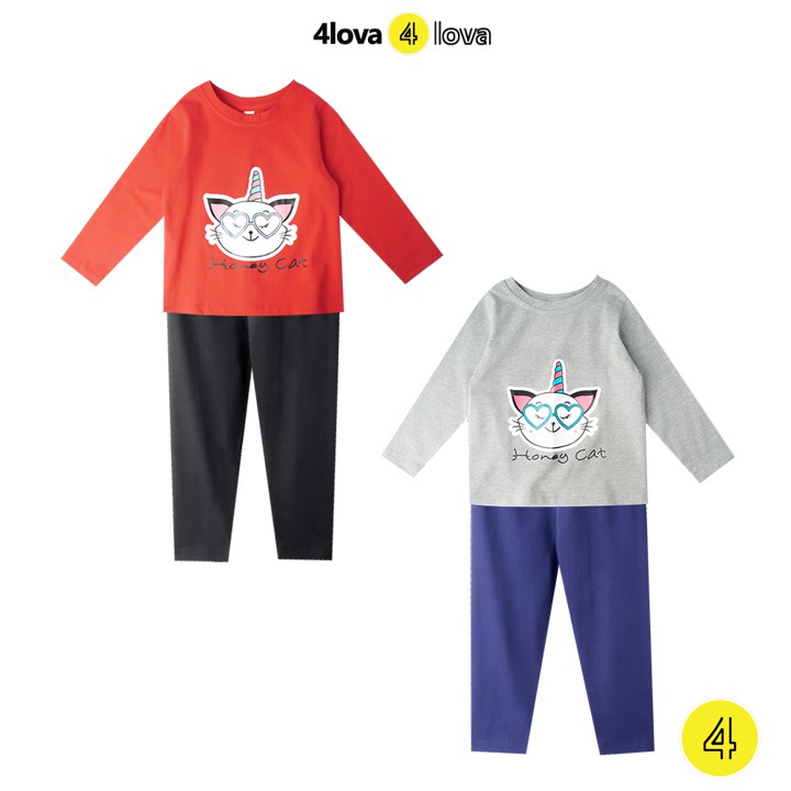 Bộ quần áo dài tay 4LOVA thun cotton in hoạt hình đáng yêu cho bé gái