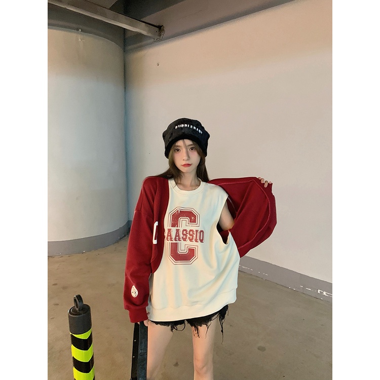 Áo thun nữ ZHELIHANGFEI giả hai lớp tay dài thời trang phong cách thể thao