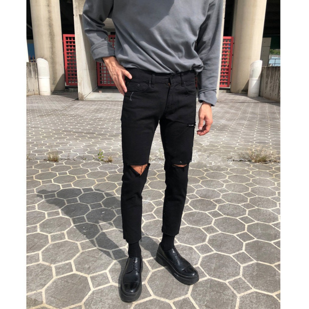 [Tiền Nào Của Đấy]Quần Jean Nam Rách Gối Màu Đen Vải Không Phai Màu, Co Giãn 4 Chiều Skinny Phong Cách Hàn Quốc-J07