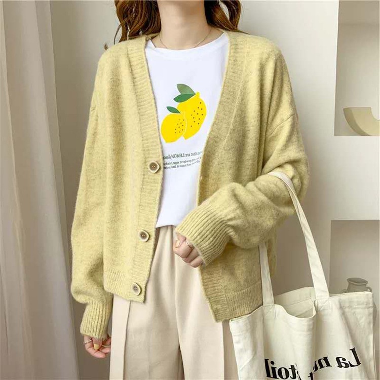 Áo khoác len nữ cardigan dáng ngắn cổ V, áo len nữ phối cúc phong cách Hàn Quốc