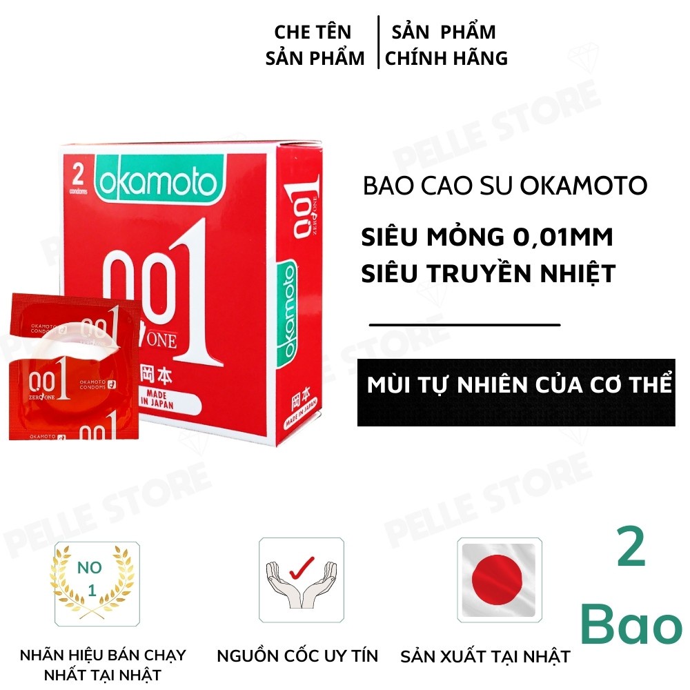 CHÍNH HÃNG 100% Bao Cao su Okamoto 0.01 PU Mỏng nhất thế giới Truyền Nhiệt Nhanh Hộp 2 Cái